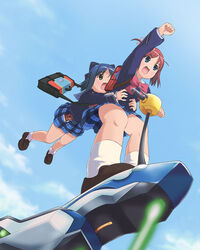  2girls aircraft amamiya_manami bad_id bad_pixiv_id bag beidan blue_hair bow brown_hair flying foreshortening from_below gakuen_utopia_manabi_straight! grabbing hoverboard inamori_mika legs massugu_go multiple_girls photoshop_(medium) pink_bow plaid plaid_skirt school_bag school_uniform seiou_gakuen_school_uniform short_hair skirt 