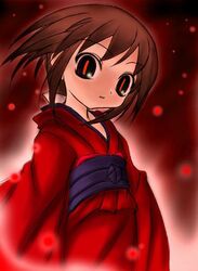  artist_request aura brown_hair female hair_ribbon japanese_clothes jpeg_artifacts kimono kurame kusari_hime:_euthanasia long_hair long_sleeves looking_at_viewer obi parted_lips ponytail red_eyes red_kimono red_pupils red_theme ribbon sash sleeves_past_fingers sleeves_past_wrists slit_pupils solo third-party_source very_long_sleeves wide_sleeves 