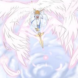  artist_request dress feathered_wings feathers female flying from_above full_body grey_hair long_skirt long_sleeves lyrical_nanoha magical_girl mahou_shoujo_lyrical_nanoha mahou_shoujo_lyrical_nanoha_a&#039;s multiple_wings puffy_sleeves raising_heart raising_heart_(exelion_mode) skirt solo takamachi_nanoha takamachi_nanoha_(sacred_mode) twintails underwear white_dress white_wings wings 