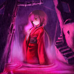  brown_hair commentary_request edobox female glowing japanese_clothes kimono kurame kusari_hime:_euthanasia long_hair photoshop_(medium) ponytail red_eyes red_kimono solo stairs 