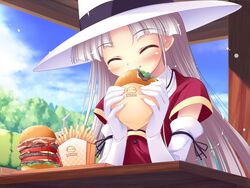  blush burger closed_eyes cloud day eating elbow_gloves female food french_fries game_cg gloves happiness! hat highres ko~cha long_hair shikimori_ibuki sky solo white_hair windmill_(company) 