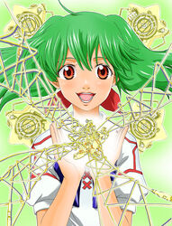  commentary_request female green_hair macross macross_frontier naruse ranka_lee red_eyes saint_mary&#039;s_academy_school_uniform school_uniform short_hair smile solo star_(symbol) string 