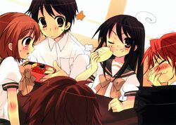  2boys 2girls bento black_hair bread food imageboard_desourced ito_noizi long_hair melon_bread multiple_boys multiple_girls non-web_source one_eye_closed sakai_yuuji satou_keisaku school_uniform shakugan_no_shana shana star_(symbol) yoshida_kazumi 