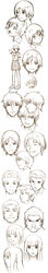  2girls 4boys angry arm_behind_head bad_source closed_eyes frown greyscale highres kasahara_iku monochrome multiple_boys multiple_girls open_mouth profile reference_sheet shibasaki_asako sketch smile standing tall_image toshokan_sensou v-mag 