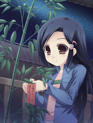  black_hair blush collarbone female indoors kyouran_kazoku_nikki long_hair long_sleeves midarezaki_yuuka moriguchi_yuu night night_sky plant potted_plant red_eyes sign sky smile solo star_(sky) starry_sky tareme very_long_hair window 