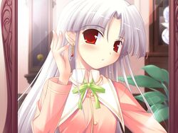  earrings female female_pov game_cg grey_hair happiness! highres jewelry ko~cha long_hair mirror pov red_eyes school_uniform shikimori_ibuki solo windmill_(company) 