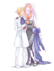  1boy black_dress bow bridal_veil bride closed_eyes colored_skin dark_bride dress elbow_gloves female formal gloves good_end grey_skin height_difference holding_hands inumimi_moeta link long_hair midna midna_(true) orange_hair pointy_ears spoilers suit the_legend_of_zelda the_legend_of_zelda:_twilight_princess veil wedding_dress 