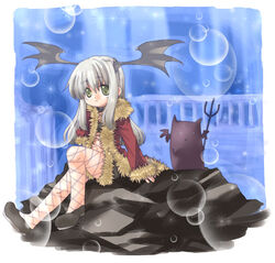  bat_wings black_footwear black_shorts black_wings coat demon deviruchi female fishnet_pantyhose fishnets fur-trimmed_coat fur-trimmed_shorts fur-trimmed_sleeves fur_trim grey_hair hair_between_eyes head_wings kokono_coco lolicon long_hair long_sleeves navel open_clothes open_coat pantyhose pantyhose_under_shorts ragnarok_online red_coat rogue_(ragnarok_online) shoes shorts sitting solo wings yellow_eyes 