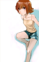  aqua_shorts bad_id bad_pixiv_id barefoot brown_hair copyright_request female purple_eyes qrp shorts solo tank_top 