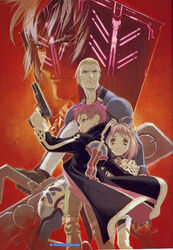  3boys albedo_piazzolla back-to-back brown_hair coat female gun handgun holding holding_weapon jr. long_sleeves looking_at_viewer m.o.m.o. multiple_boys official_art pink_hair red_hair sheath sheathed short_hair silver_hair sword tanaka_kunihiko weapon xenosaga ziggy 