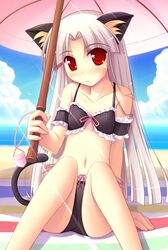  animal_ears beach bikini blush cat_ears cloud day female flat_chest happiness! highres ko~cha long_hair outdoors red_eyes shikimori_ibuki sitting sky solo swimsuit tail umbrella white_hair windmill_(company) 