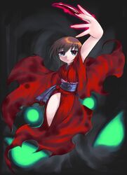  bad_id bad_pixiv_id brown_hair female japanese_clothes jpeg_artifacts kimono kurame kusari_hime:_euthanasia nakamura_tetsuya red_eyes red_kimono solo 