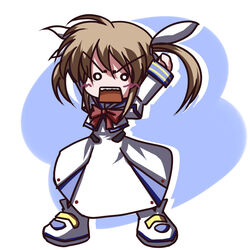  angry bow bowtie chibi commentary_request dress female fictional_sister full_body long_skirt long_sleeves lyrical_nanoha magical_girl mahou_shoujo_lyrical_nanoha o_o puffy_sleeves red_bow red_bowtie simple_background skirt solo standing takamachi_nanoha takamachi_nanoha_(original_mode) twintails white_background white_dress 