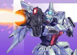  bad_id beam_rifle blue_eyes energy_gun firing gun gun_blastor gundam mecha no_humans robot s.shimizu victory_gundam weapon 