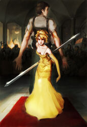  1boy alice_l._malvin bad_id bad_pixiv_id bare_shoulders blonde_hair bob_cut double-blade downblouse dress elbow_gloves female gloves photoshop_(medium) pumpkin_scissors randal_orlando shiika_sadamasa short_hair sword weapon yellow_dress 