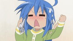  angry animated animated anime_screenshot blush cordless_phone female izumi_konata long_hair lowres lucky_star mole mole_under_eye pajamas phone solo sweatdrop triangle_mouth 