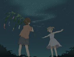  1boy female hayato_(meromoni) night night_sky original sky tanabata tanzaku 