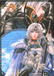  3boys absurdres armor black_armor blonde_hair cape cecil_harvey choker circlet earrings final_fantasy final_fantasy_iv gloves golbez green_eyes highres jewelry kain_highwind long_hair male_focus multiple_boys pauldrons polearm purple_eyes seqet-aru shoulder_armor smile sword takano_kei weapon white_hair 