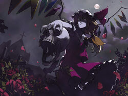  ascot asymmetrical_hair bad_id bad_pixiv_id blonde_hair bow building church closed_mouth cloud cloudy_sky cross crystal dutch_angle female flandre_scarlet floating_hair flower frilled_shirt_collar frilled_skirt frilled_sleeves frills from_below fuchida_kazuhiro full_moon graveyard hair_between_eyes hair_over_one_eye hat hat_bow hat_ribbon holding holding_skull leaf looking_to_the_side medium_hair mob_cap moon night open_mouth outdoors outstretched_arm pale_skin petals petticoat photoshop_(medium) puffy_short_sleeves puffy_sleeves rainbow_order red_eyes red_flower red_ribbon red_rose red_skirt red_vest ribbon rose short_sleeves side_ponytail skirt skirt_set skull sky solo teeth tombstone touhou vest wind wind_lift wings yellow_ascot 