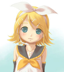  blonde_hair blush detached_sleeves female flat_chest green_eyes hair_ornament hair_ribbon hairclip harak kagamine_rin lowres ribbon shirt short_hair sleeveless sleeveless_shirt solo vocaloid 