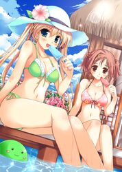  2girls absurdres aqua_eyes bikini blonde_hair breasts cleavage cloud day dutch_angle floral_print flower food food-themed_hair_ornament hair_ornament hairpin happiness! hat hibiscus highres hiiragi_anri ice_cream kamisaka_haruhi ko~cha long_hair medium_breasts multiple_girls outdoors popsicle sitting sky soaking_feet strawberry_hair_ornament swimsuit twintails water wet windmill_(company) 