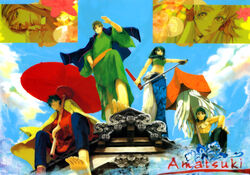  5boys amatsuki barefoot bonten_(amatsuki) female ginshu_(amatsuki) hair_scarf heihachi_(amatsuki) highres katana kuchiha multiple_boys oil-paper_umbrella photoshop_(medium) rikugou_tokidoki scan shinonome_kon sword takayama_shinobu umbrella weapon 