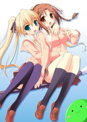  2girls absurdres aqua_eyes artist_request blonde_hair hair_ornament hairpin happiness! highres hiiragi_anri kamisaka_haruhi kneehighs long_hair multiple_girls school_uniform socks thighhighs twintails windmill_(company) 