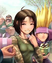  2boys bob_cut brown_eyes brown_hair cake camouflage female food gift highres holding holding_gift isurugi_gan justice_gakuen kazama_akira multiple_boys omar_dogan pastry shiritsu_justice_gakuen short_hair smile yamada_eiji 