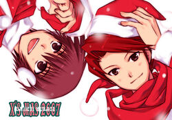  2007 2boys brown_eyes brown_hair christmas company_connection creator_connection crossover hat higurashi_no_naku_koro_ni in-franchise_crossover lowres maebara_keiichi male_focus multiple_boys painttool_sai_(medium) red_hair santa_costume santa_hat umiichi_kurage umineko_no_naku_koro_ni ushiromiya_battler 