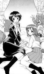  2girls artist_request ayase_takako bed greyscale kasugano_midori midori_no_hibi monochrome multiple_girls official_art school_uniform serafuku smile socks 