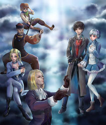  2girls 4boys alice_elliot artist_request ascot belt black_gloves black_hair blonde_hair buckle crossed_arms fighting_stance gloves grey_hair halley_brancket keith_valentine long_sleeves looking_at_viewer looking_up margarete_gertrude_zelle multiple_boys multiple_girls pants pantyhose shadow_hearts standing white_legwear yuri_hyuga zhuzhen_liu 