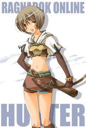  bow_(weapon) brown_hair female hunter_(ragnarok_online) kokono_coco midriff navel ragnarok_online short_hair solo weapon 