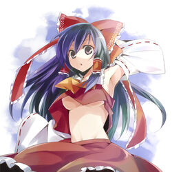  armpits ascot bad_link blue_hair bow breasts detached_sleeves female frilled_bow frilled_skirt frills grey_eyes hair_tubes hairbow hakurei_reimu kiji_(manekinuko-tei) long_hair medium_breasts midriff navel red_bow red_ribbon red_skirt ribbon ribbon-trimmed_sleeves ribbon_trim skirt solo touhou underboob white_sleeves wide_sleeves yellow_ascot 