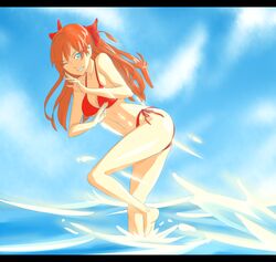  barefoot bikini commentary_request day female hachimitsuboi long_hair neon_genesis_evangelion ocean red_bikini side-tie_bikini_bottom solo souryuu_asuka_langley swimsuit water 