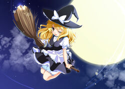  blonde_hair braid broom broom_riding cloud commentary_request female full_moon hat kirisame_marisa moon night one_eye_closed sidesaddle solo star_(symbol) tanabe touhou witch_hat yellow_eyes yellow_moon 