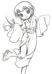  bad_id bad_pixiv_id female geta greyscale japanese_clothes kimono kurame kusari_hime:_euthanasia long_hair monochrome nakamura_tetsuya ponytail sketch smile solo 