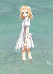  blonde_hair blue_eyes commentary_request curly_hair dress female kita_e kitano_suomi lolicon looking_back mocha_(snowflake) puffy_short_sleeves puffy_sleeves short_sleeves skirt smile solo standing wading water wavy_hair white_dress white_skirt 