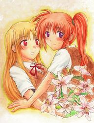  2girls :o blonde_hair fate_testarossa flower lily_(flower) looking_at_another looking_at_viewer lyrical_nanoha mahou_shoujo_lyrical_nanoha mahou_shoujo_lyrical_nanoha_a&#039;s multiple_girls school_uniform seishou_middle_school_uniform smile takamachi_nanoha yuki_mashiro yuri 