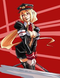  absurdres black_hat blonde_hair breasts cleavage disgaea eu03 female gloves hat highres long_hair makai_senki_disgaea_3 medium_breasts pointy_ears red_eyes salvatore_(disgaea) solo uniform very_long_hair 