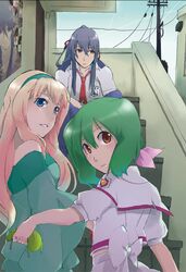  1boy 2girls ahoge back badge bare_shoulders blonde_hair blue_eyes blue_hair building capelet closed_mouth commentary_request contrail d: day door frown fusion-s fuyus green_hair long_hair looking_at_viewer looking_away looking_back looking_to_the_side macross macross_frontier mihoshi_academy_school_uniform multiple_girls necktie oosanshouuo-san open_mouth outdoors outstretched_arm pants pink_ribbon ponytail poster_(object) power_lines ranka_lee red_eyes red_necktie red_ribbon ribbon saint_mary&#039;s_academy_school_uniform saotome_alto school_uniform sheryl_nome shirt short_hair short_sleeves sidelocks sitting sky stairs utility_pole white_shirt wide_sleeves yellow_eyes 