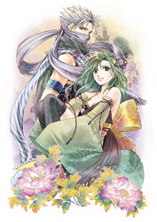  1boy aged_up armband bare_shoulders black_legwear bow breasts cleavage coin_(ornament) commentary_request covered_mouth detached_sleeves earrings edward_geraldine female final_fantasy final_fantasy_iv floral_background flower fringe_trim green_eyes green_hair hair_flower hair_ornament hands_in_opposite_sleeves highres hugging_own_legs jewelry knees_up long_hair looking_at_viewer mask medium_breasts ninja ninja_(final_fantasy) peony_(flower) photoshop_(medium) rydia_(ff4) sash satsuki_yuu_(awairo) scarf sideways_glance smile spiked_hair star_(symbol) star_earrings thighhighs white_hair wide_sleeves 