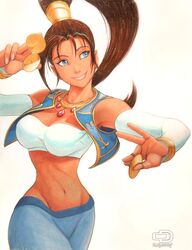  arabian_clothes bandeau blue_eyes bracelet breasts brown_hair cleavage dancer dark-skinned_female dark_skin female finger_cymbals jewelry large_breasts long_hair looking_away midriff navel necklace omar_dogan ponytail pullum_purna shirt smile solo street_fighter street_fighter_ex_(series) taut_clothes taut_shirt vest 