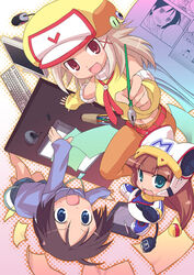  3girls blue_eyes computer copyright_request hat long_hair multiple_girls pen sakura_misaki_(sakura_densetsu) 