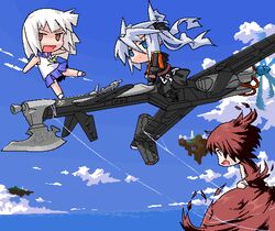  3girls bad_id blue_eyes brown_eyes character_request chibi cloud day grey_hair long_hair looking_at_viewer lowres mof mof&#039;s_silver_haired_twintailed_girl multiple_girls oekaki open_mouth original red_hair school_uniform serafuku short_hair sky sleeveless white_hair 