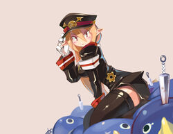  black_hat blonde_hair blush disgaea female hat long_hair makai_senki_disgaea_3 photoshop_(medium) pointy_ears prinny red_eyes salvatore_(disgaea) solo thighhighs woofycakes 