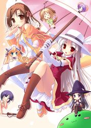  6+girls absurdres chibi elbow_gloves gloves hair_ornament hairpin happiness! hat highres kamisaka_haruhi ko~cha long_hair multiple_girls shikimori_ibuki umbrella windmill_(company) 