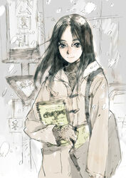  bag black_eyes black_hair book commentary_request emanon_(character) female freckles jacket memories_of_emanon photoshop_(medium) sketch snow solo sweater toi8 