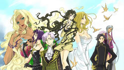  2boys 5girls ashford_academy_school_uniform bird black_hair blonde_hair blue_eyes breasts cecile_croomy clamp_(circle) cleavage code_geass dark_skin day dress grey_hair highres large_breasts lloyd_asplund long_hair milly_ashford multiple_boys multiple_girls nina_einstein photoshop_(medium) ponytail purple_eyes purple_hair rakshata_chawla rivalz_cardemonde school_uniform short_hair sky very_long_hair villetta_nu yellow_eyes 