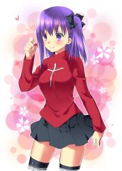  black_thighhighs blue_eyes commentary_request cosplay fate/stay_night fate_(series) female gem hair_ribbon long_hair matou_sakura miniskirt nfr one_side_up purple_eyes purple_hair ribbon skirt smile solo thighhighs tohsaka_rin tohsaka_rin_(cosplay) turtleneck zettai_ryouiki 