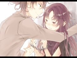  1boy against_wall blush brown_hair commentary_request cuffs female formal green_eyes handcuffs kabedon letterboxed mirai_nikki nishijima_masumi purple_eyes purple_hair smile suit tamaki_iori uryuu_minene 